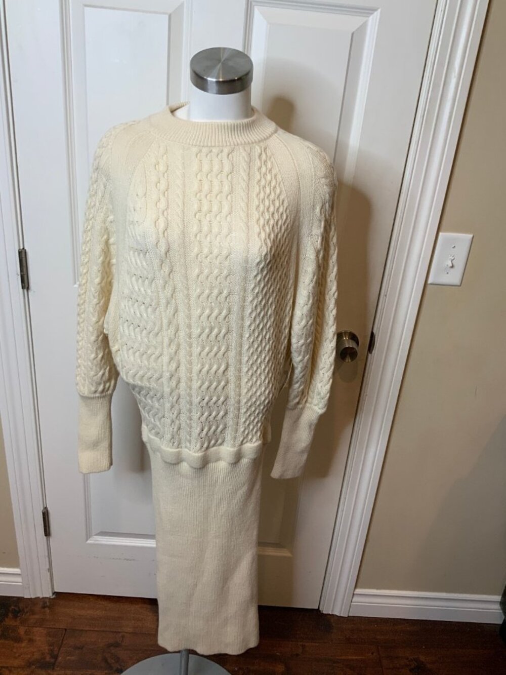 AllSaints Cream Cable Knit Lambswool Long Sleeve Midi Dress, Size M
